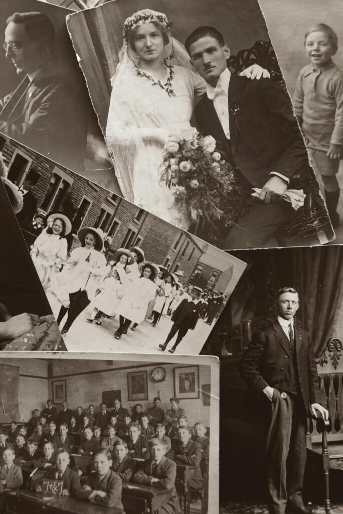 A nostalgic collage showcasing vintage black and white family photographs.